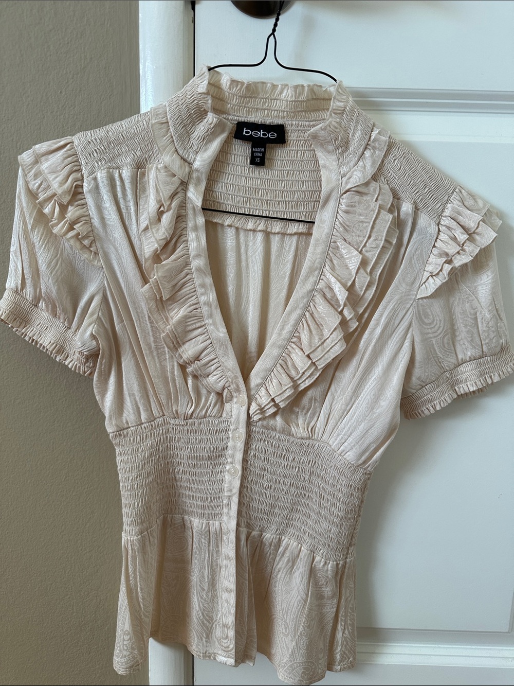 Vintage Bebe Light Cream Ruffled Smocked Button-Front Blouse